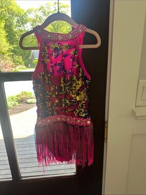 Kids Sequined Hot Pink Dance Costume with Fringe
